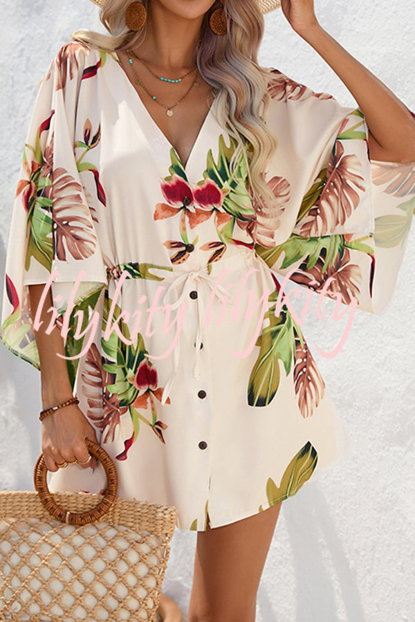 Botanical Print Button Drawstring Waist Dolman Sleeve Loose Romper