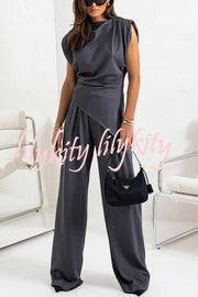 Jordy Ruched Shoulder Slit Top and Elastic Waist Pocketed Wide Leg Pants Set