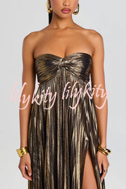 Metallic Sexy Tube Top Pleated High Slit Maxi Dress