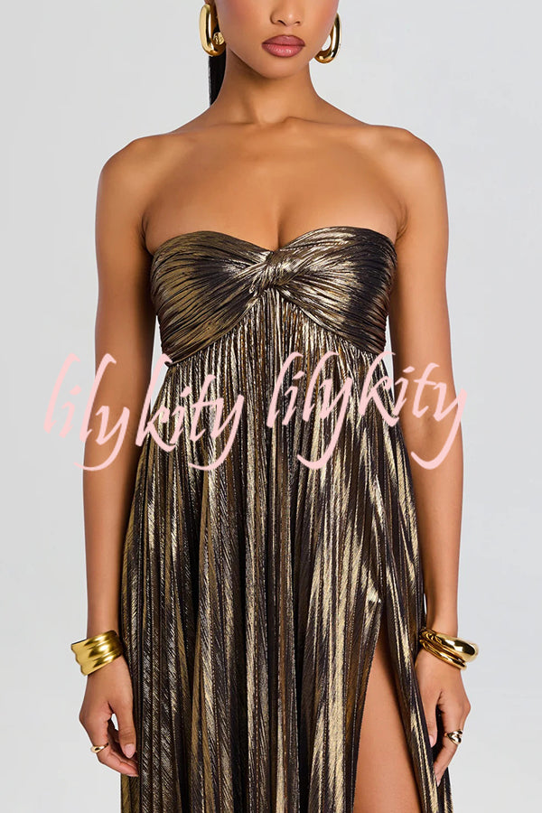Metallic Sexy Tube Top Pleated High Slit Maxi Dress
