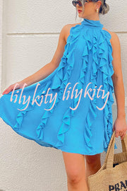 Oh So Sweet Chiffon High Neck Ruffle Pleated A-line Mini Dress