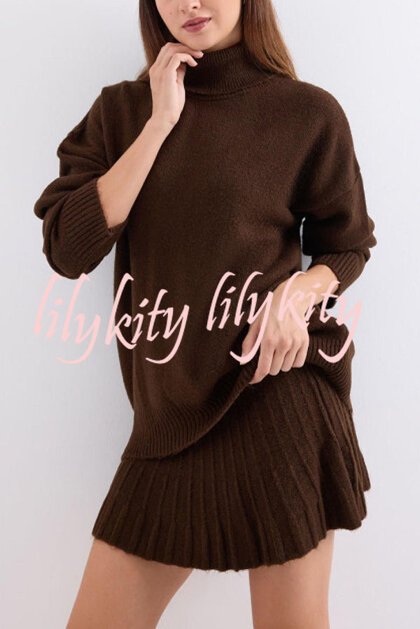 Solid Color Casual Preppy Knit Top and Knit Stretch Pleated Mini Skirt Set