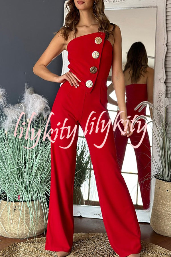 Solid Color Sexy Tube Top Gold Button Embellished Bootcut Jumpsuit