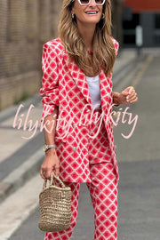 Chic Lady Unique Print Metal Button Pocketed Lapel Blazer and Elastic Waist Flare Pants Set