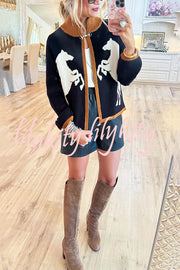Stylish White Horse Pattern Casual Long-sleeved Knitted Cardigan