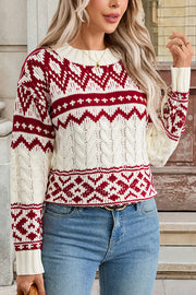 Christmas Ethnic Style Round Neck Long Sleeve Loose Cable Knit Sweater