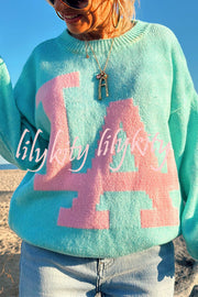 Letter Pattern Crew Neck Long Sleeve Loose Knit Sweater