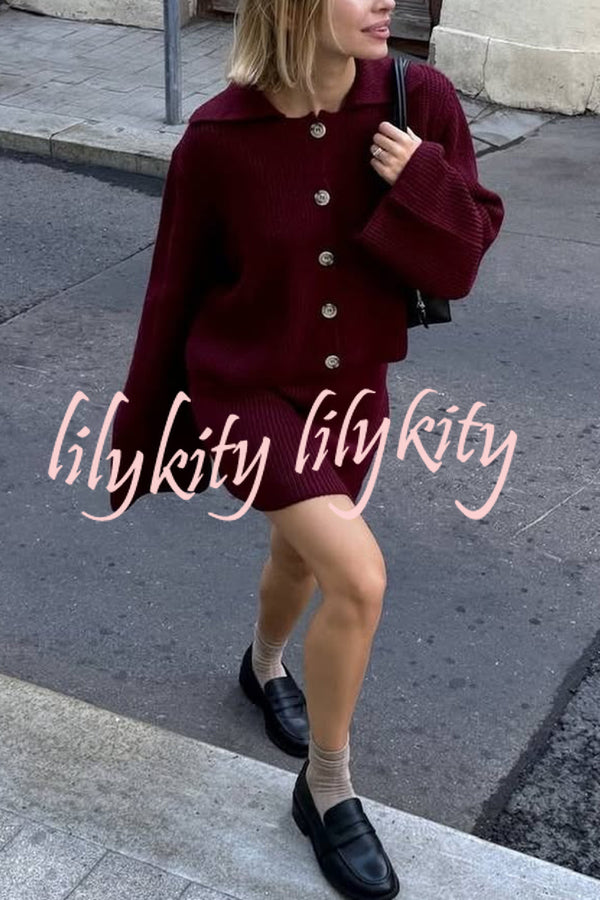 Fashion Lapel Bell Sleeve Knitted Cardigan and Casual Mini Skirt Set