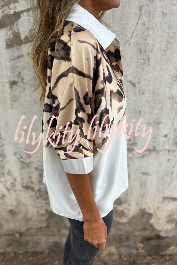 Classic Wild Satin Gradient Leopard Print Loose Short-sleeved Blouse