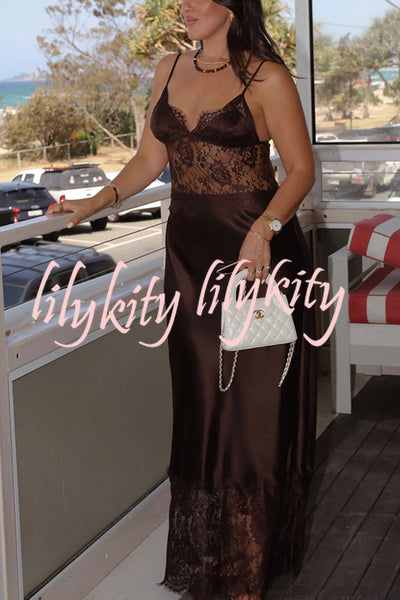 Elegant Evening Satin Lace Patchwork See-through Waist Slip Maxi Dress