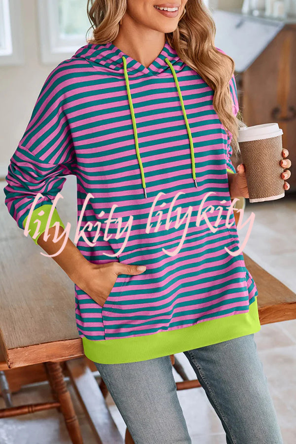 Striped Print Long Sleeve Pocket Loose Hoodie