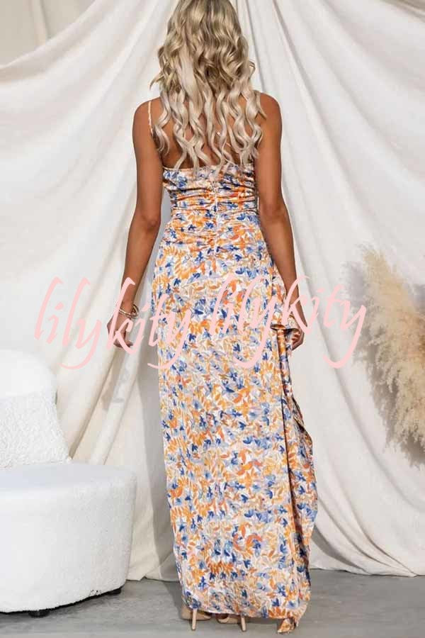 Intense Love Floral One Shoulder Asymmetrical Ruffle Trim Maxi Dress