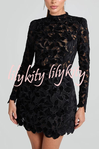 Lydia Embroidered Floral Lace Long Sleeve Belt Tulip Shaped Mini Dress