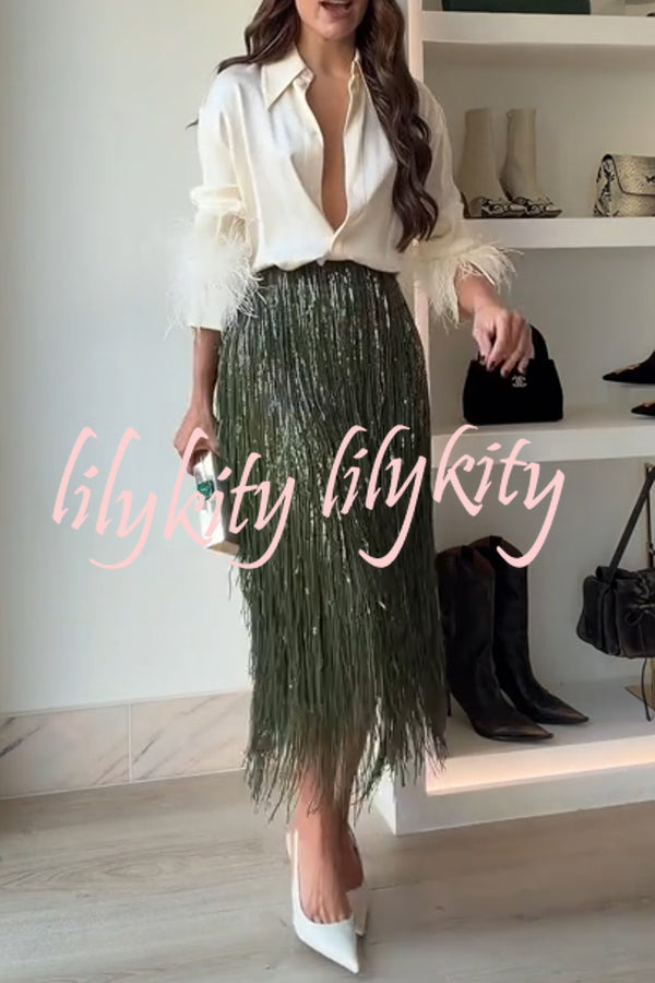 Party Crasher Layered Sequined Tassels High Rise Back Zipper Midi Skirt