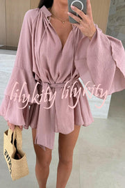 Molly Linen Blend Tiered Bell Sleeve Tie-up Cover-up Mini Dress