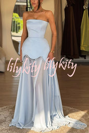Jiya Satin Petal Hem Pearl Detail Chiffon Cape Strapless Maxi Dress