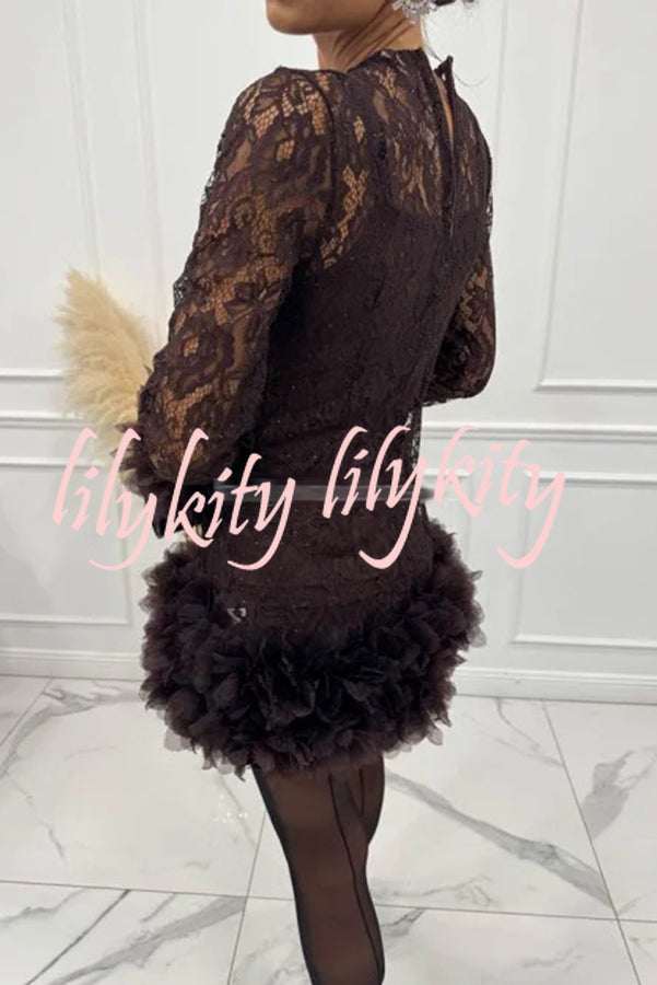 Alyssa Lace Fabric Tulle Layered Petals Trim Long Sleeve Mini Dress