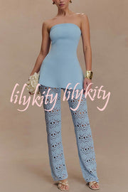 Trena Crochet Knit Hollow Mid Rise Stretch Wide Leg Pants