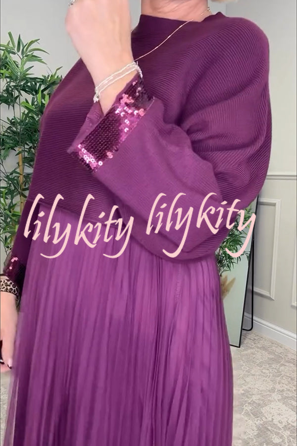 Fenna Ribbed Sequin Trim Batwing Sleeve Sweater and Pleated Tulle Stretch Tank Midi Dress Two-piece Set