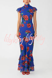 Cheongsam Style Rose Print Layered Trumpet Sleeves Stand Collar Maxi Dress