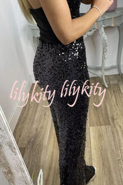 Glitzy Glamour Sequin High Rise Elastic Waist Wide Leg Pants