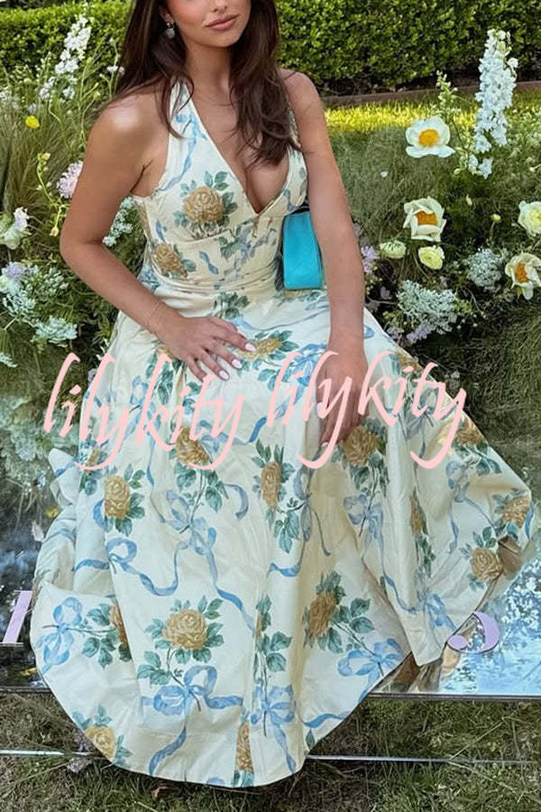 Resort Star Floral Print Waist Halterneck Tie Pocket Midi Dress