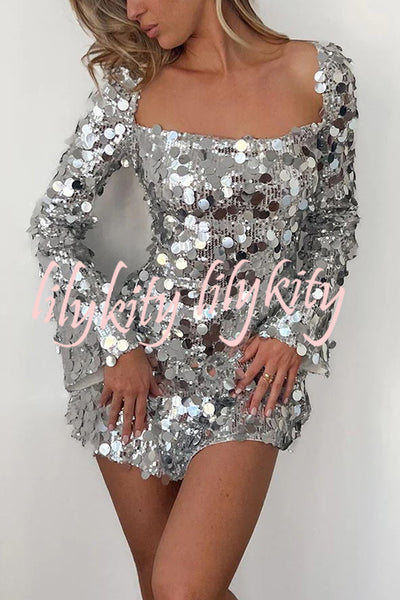 Shiny Silver Sequin Slit Backless Long Sleeved Mini Dress