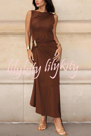 Fashionable Metallic Embellishments Pleated Sleeveless Slim-fit Maxi Dress