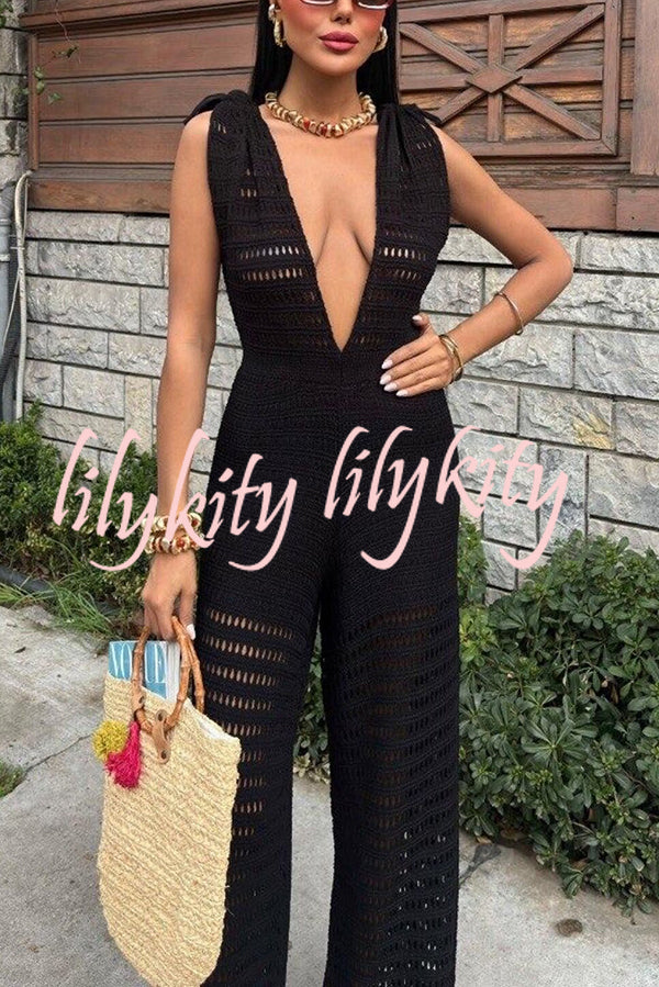 Solid Color Knitted V-neck Holiday Hollow Casual Jumpsuit