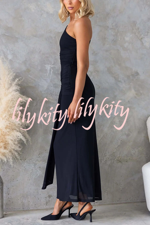 Solid Color Elegant Mesh One Shoulder Sexy Waist Hollow Out Maxi Dress