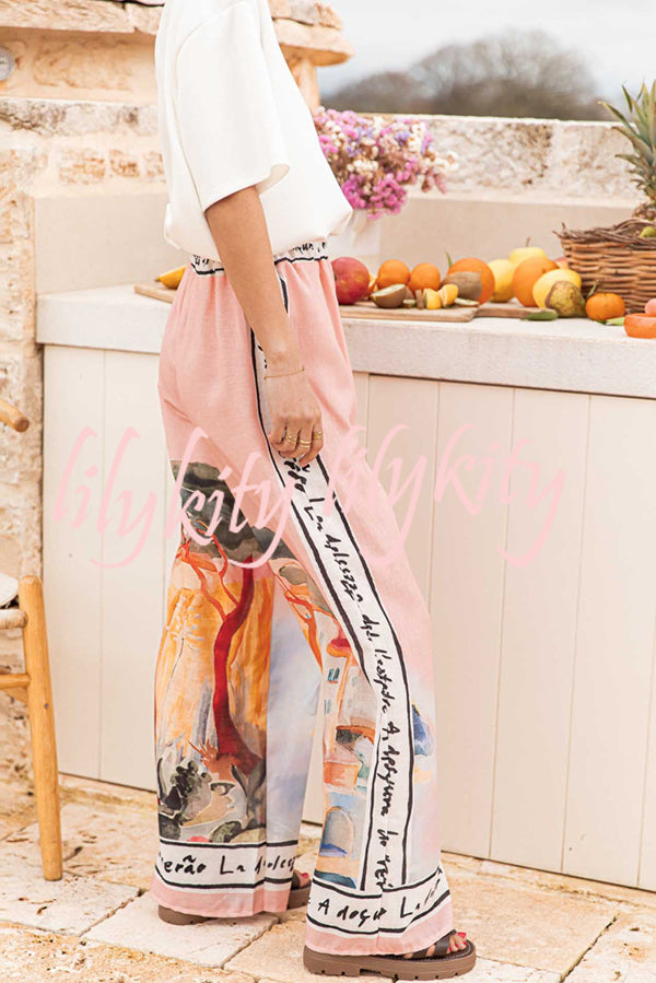 Unique Printed Elastic Waist Vacation Casual Wide Leg Pants