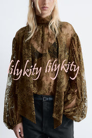 Reigna Semi-sheer Floral Lace Bow Neck Balloon Sleeve Loose Blouse