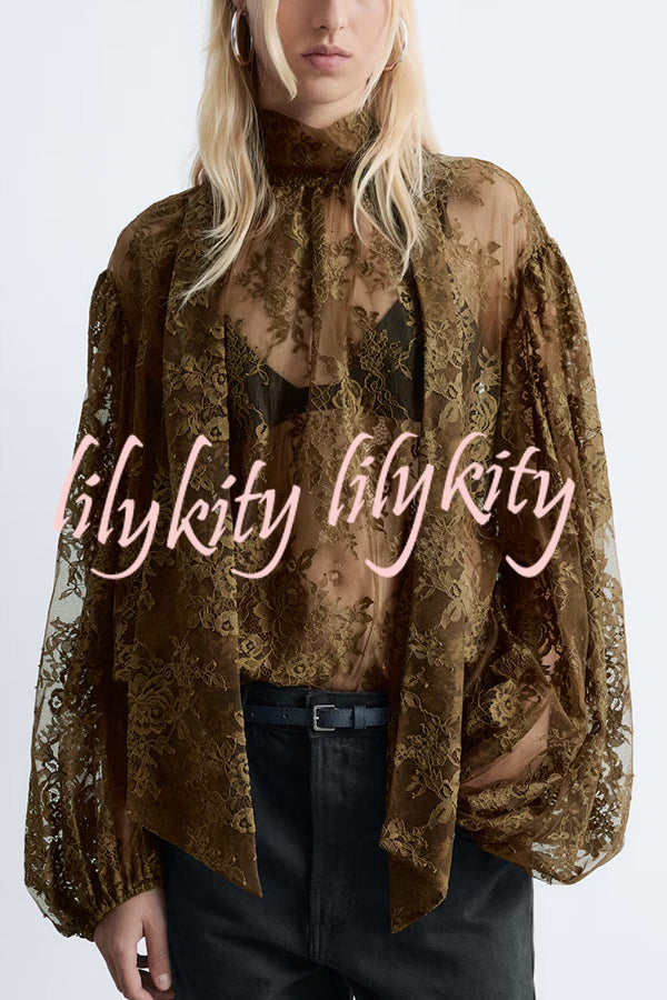 Reigna Semi-sheer Floral Lace Bow Neck Balloon Sleeve Loose Blouse
