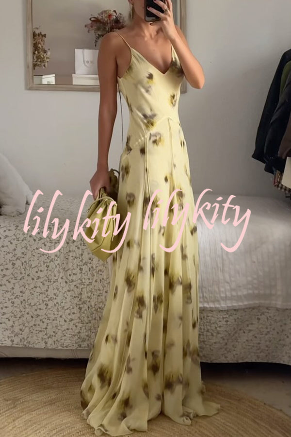 Sunset Glow Floral Print V-neck Thin Straps Flare Hem Maxi Dress