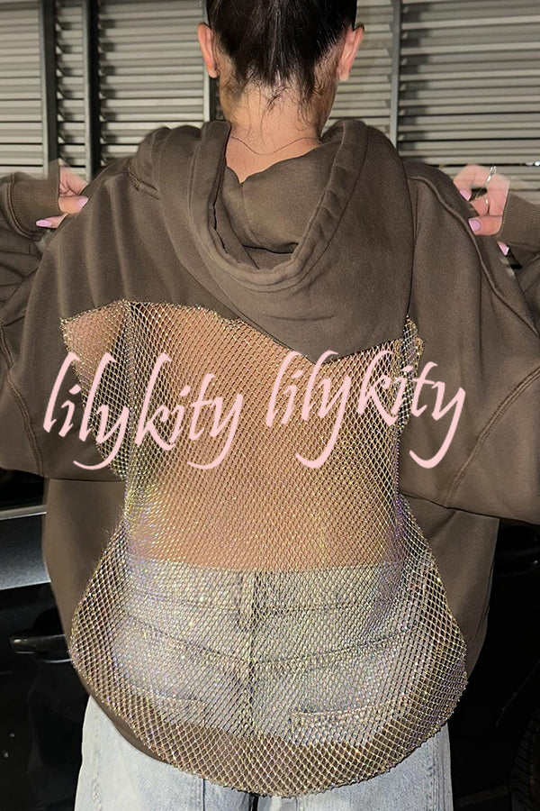 Fashionable Shiny Mesh Hollow Back Loose Long-sleeved Hooded Sweatshirt