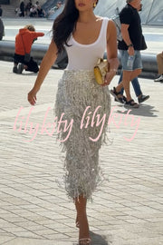 Evening Charm Layered Sequined Tassels High Rise Back Zipper Slit Midi Skirt