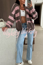 Fashionable Patchwork Striped Casual Pocket Knitted Sweater