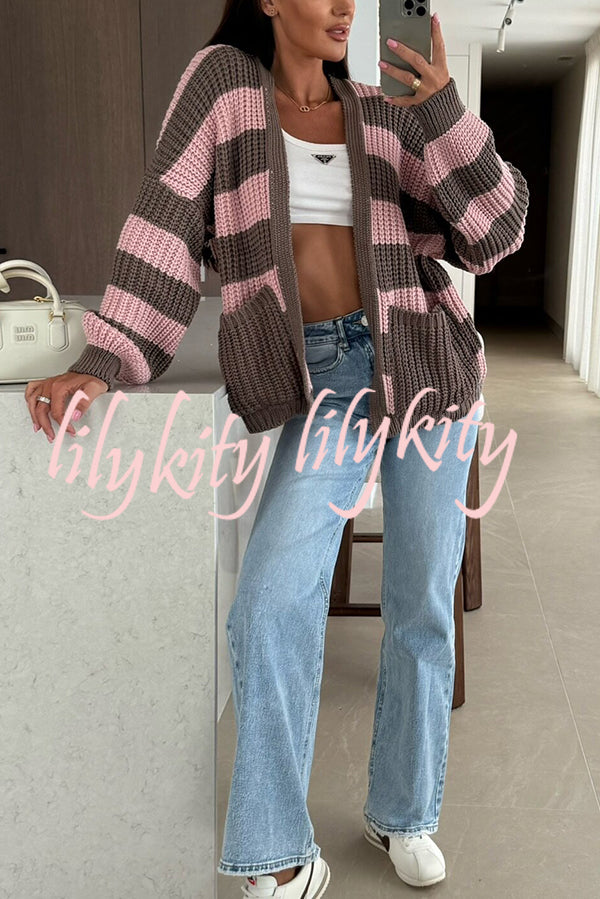 Fashionable Patchwork Striped Casual Pocket Knitted Sweater