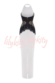Sexy Halterneck Lace Paneled Backless Slim Maxi Dress