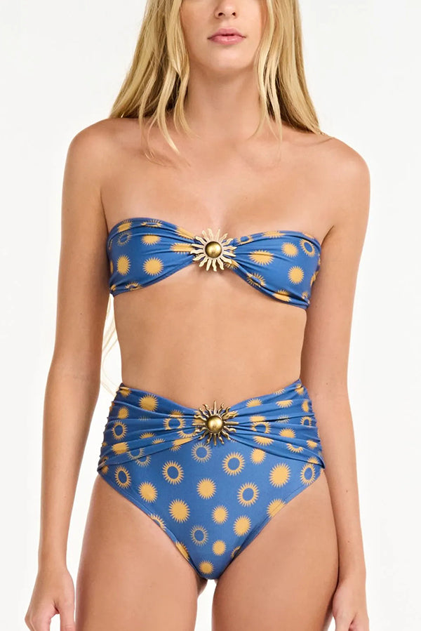 Sun Print Metal Embellishments Stretch Two-piece Bikini Swimsuit