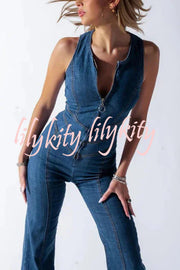 Fashionable Heart Hollow Back Slim High Waist Flared Denim Jumpsuit