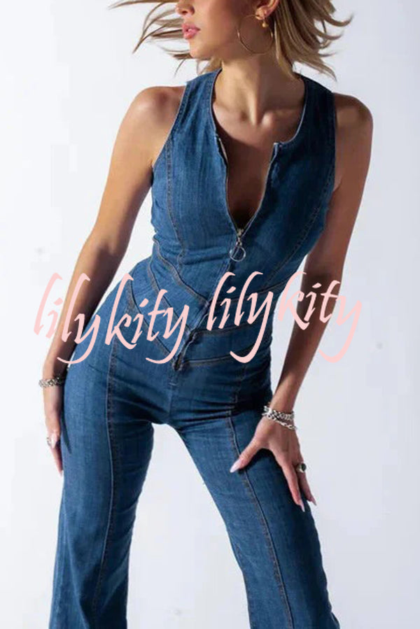 Fashionable Heart Hollow Back Slim High Waist Flared Denim Jumpsuit