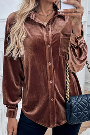 Solid Color Velvet Casual Lapel Pocket Loose Shirt