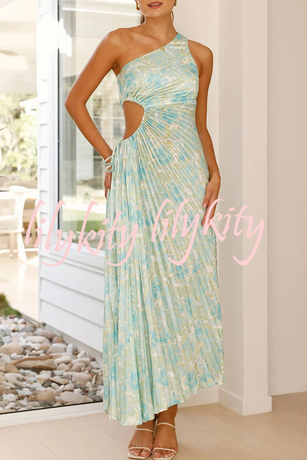 Charming One Shoulder Lace Up Cutout Pleated Maxi Dress