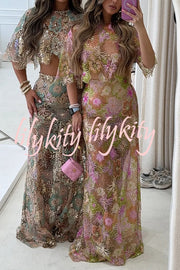 Fashionable Embroidered Flower Sequined Crop Top and Elegant Sheer Maxi Skirt Set
