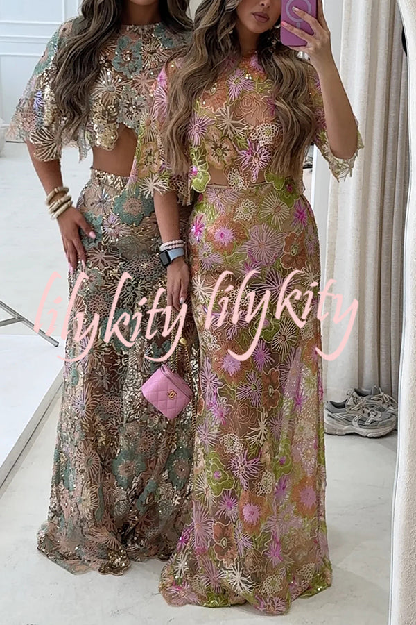 Fashionable Embroidered Flower Sequined Crop Top and Elegant Sheer Maxi Skirt Set