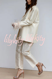 Chic Affair Satin Feather Trim Lapel Loose Blazer and High Rise Pocket Tapered Pants Set