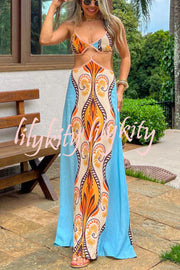 Summer Symphony Linen Blend Ethnic Unique Print Cutout Waist Back Tie-up Maxi Dress