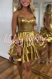 Like A Princess Metallic Fabric Off Shoulder Layered Rusffles Mini Dress