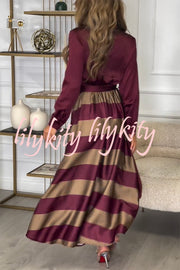 Lindsey Satin Colorblock Contrast Long Sleeve Belted Shirt Maxi Dress